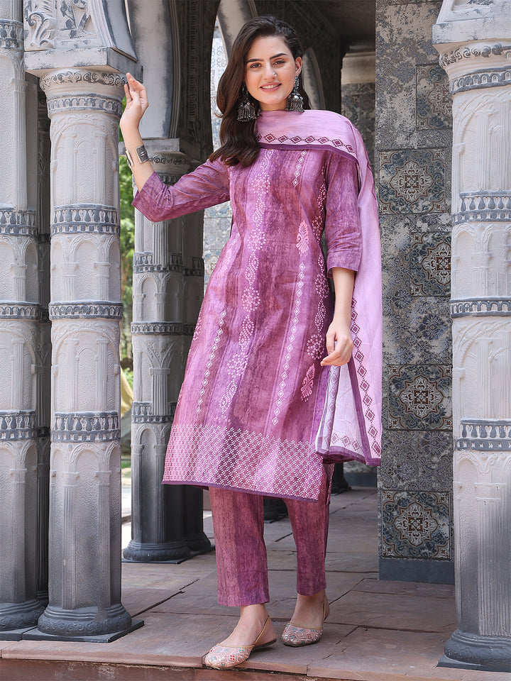 Mystic Mauve – Printed Cotton Straight Suit Set