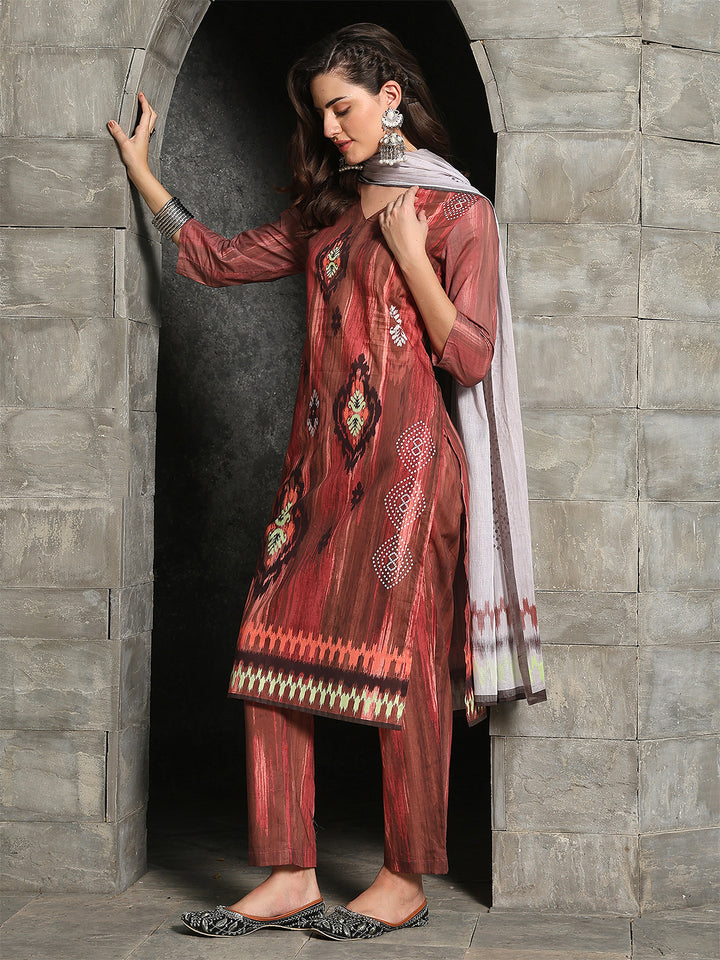 Rustic Charm – Maroon Cotton Straight Suit Set