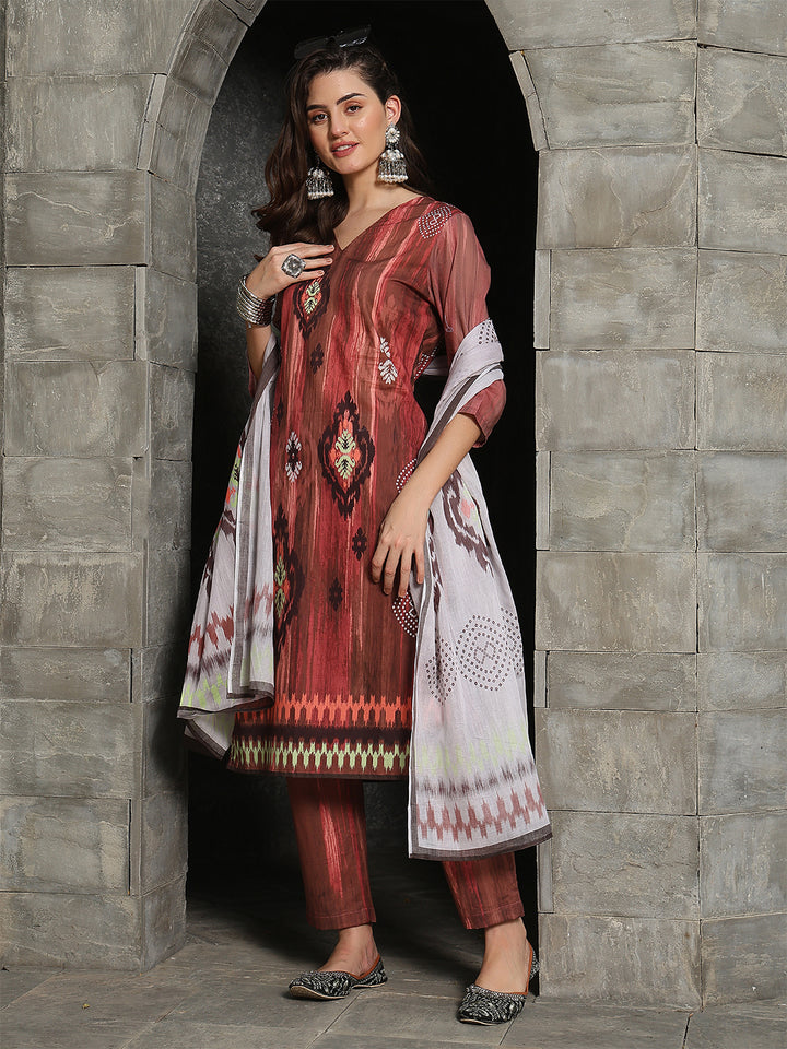 Rustic Charm – Maroon Cotton Straight Suit Set