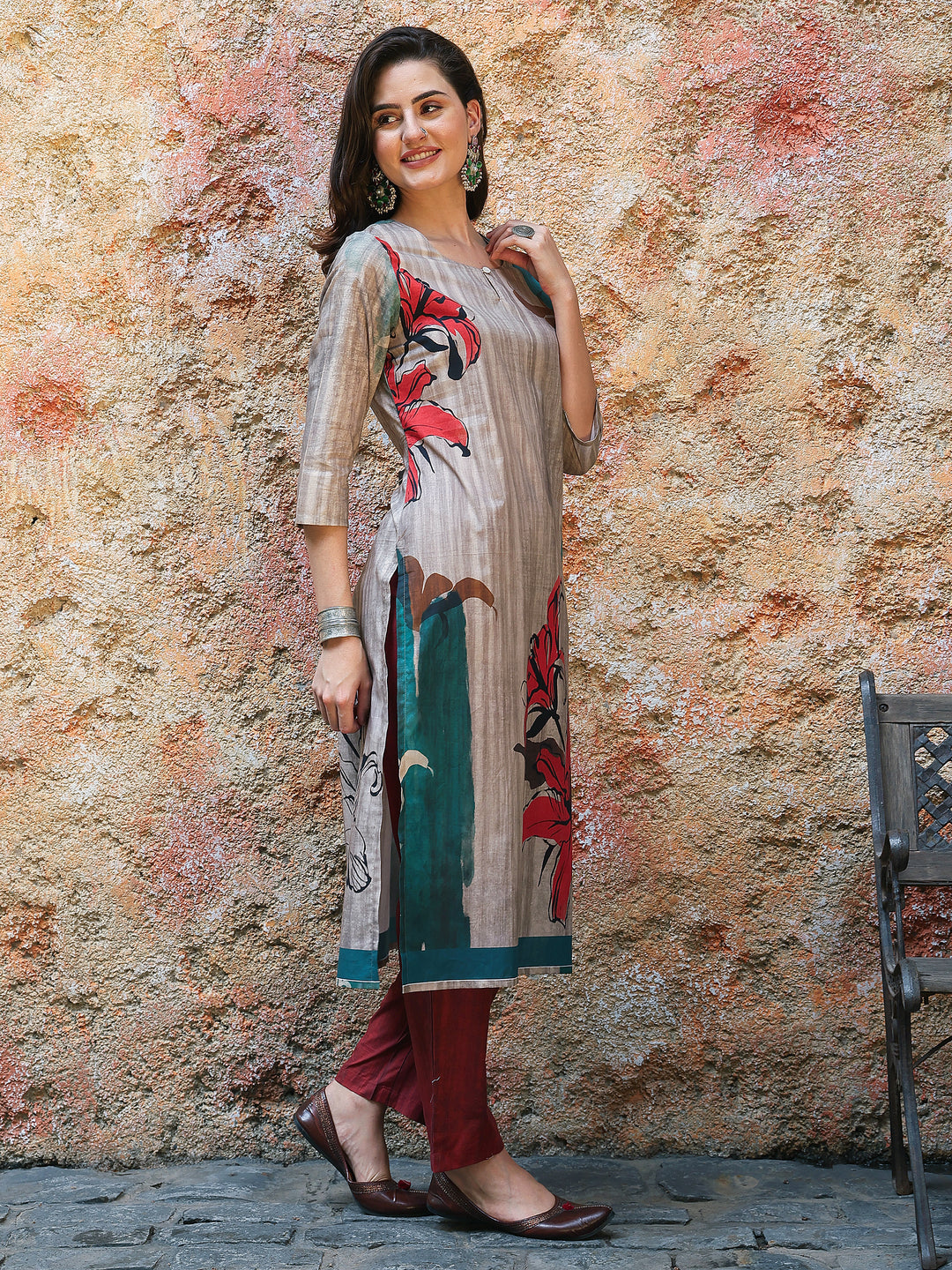 Flame Bloom – Grey & Rust Cotton Suit Set