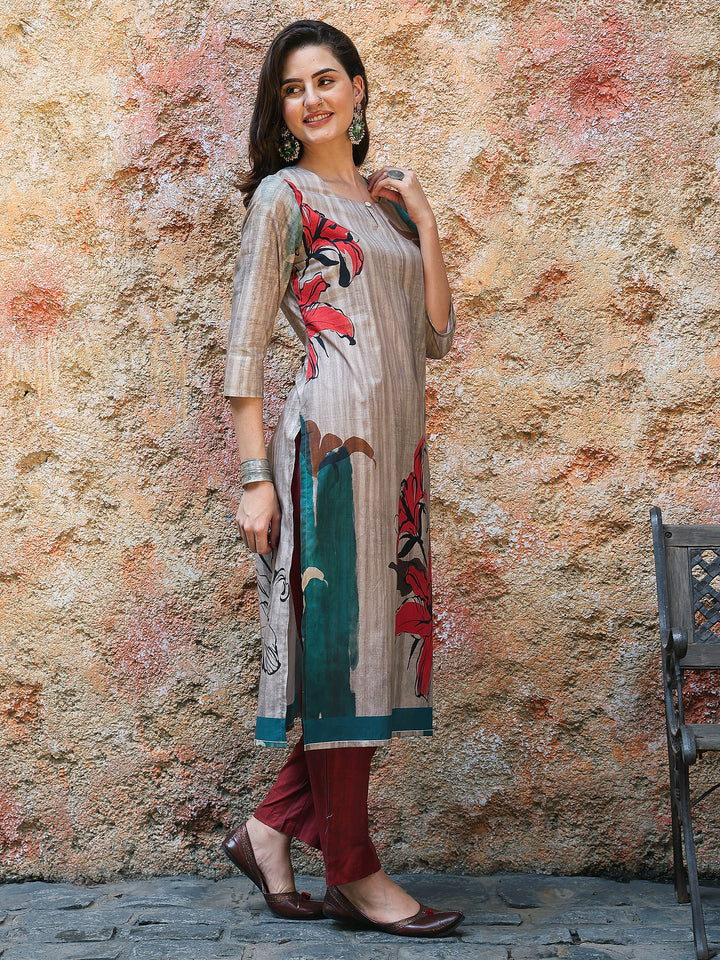 Flame Bloom – Grey & Rust Cotton Suit Set
