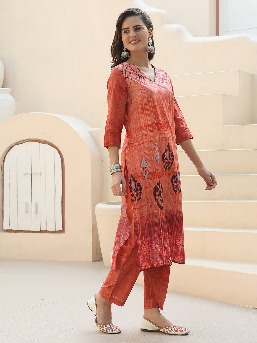 Sunset Radiance – Orange Cotton Straight Suit Set