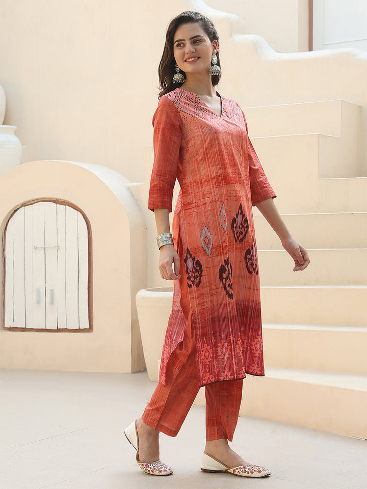 Sunset Radiance – Orange Cotton Straight Suit Set