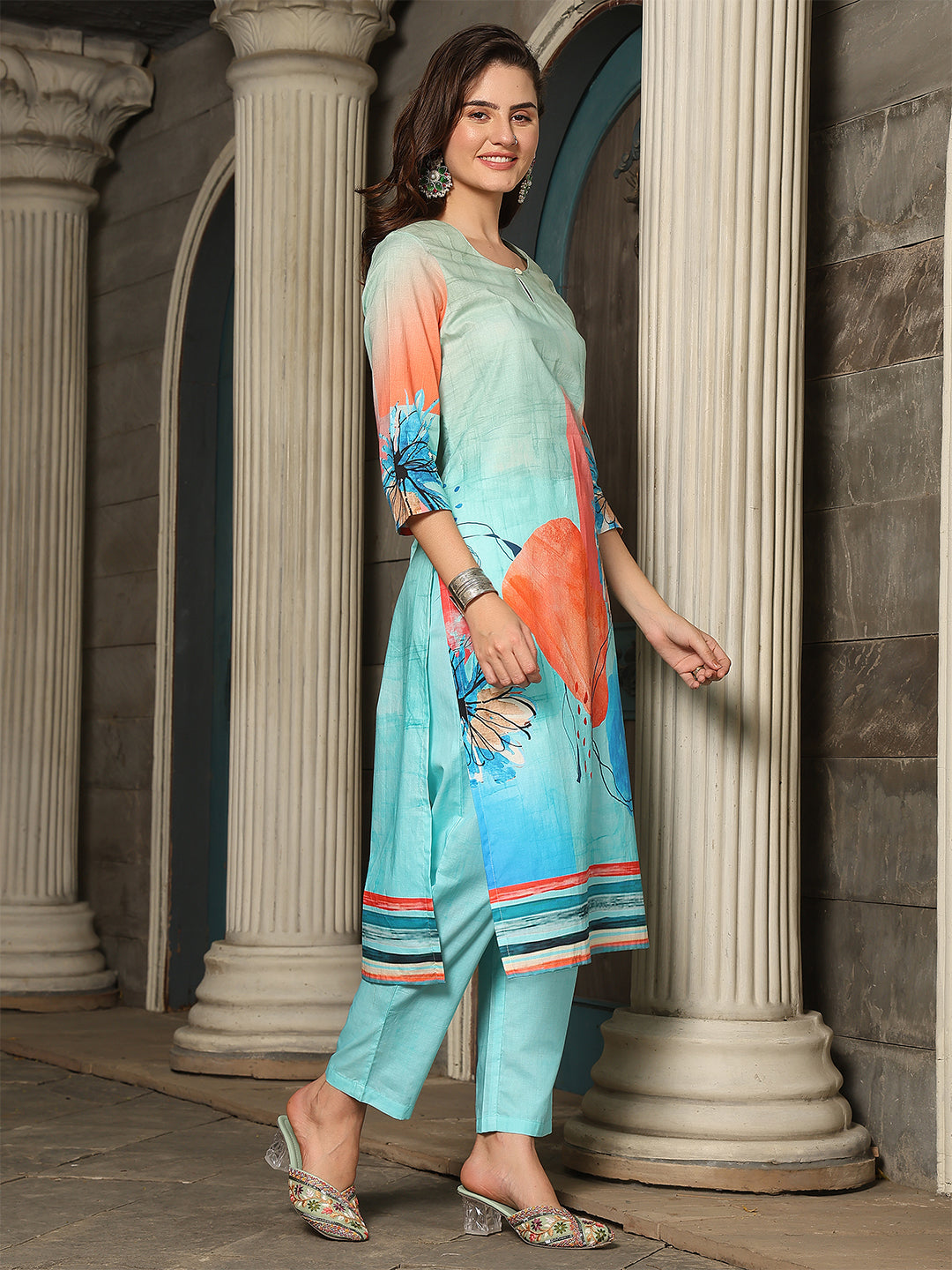 Aqua Coral Bloom – Pure Cotton Digital Print Suit Set