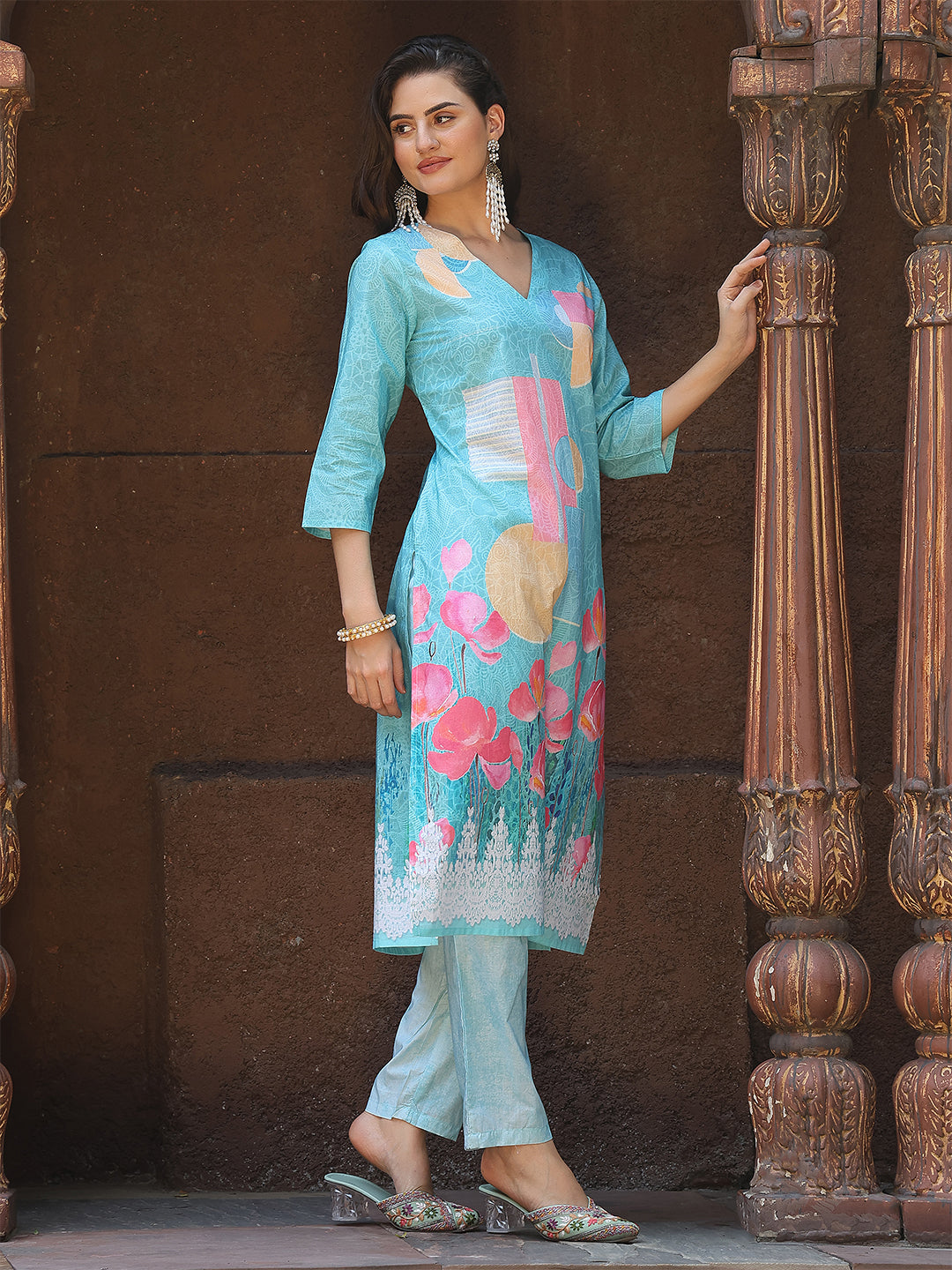 Aqua Blossom Straight Suit Set