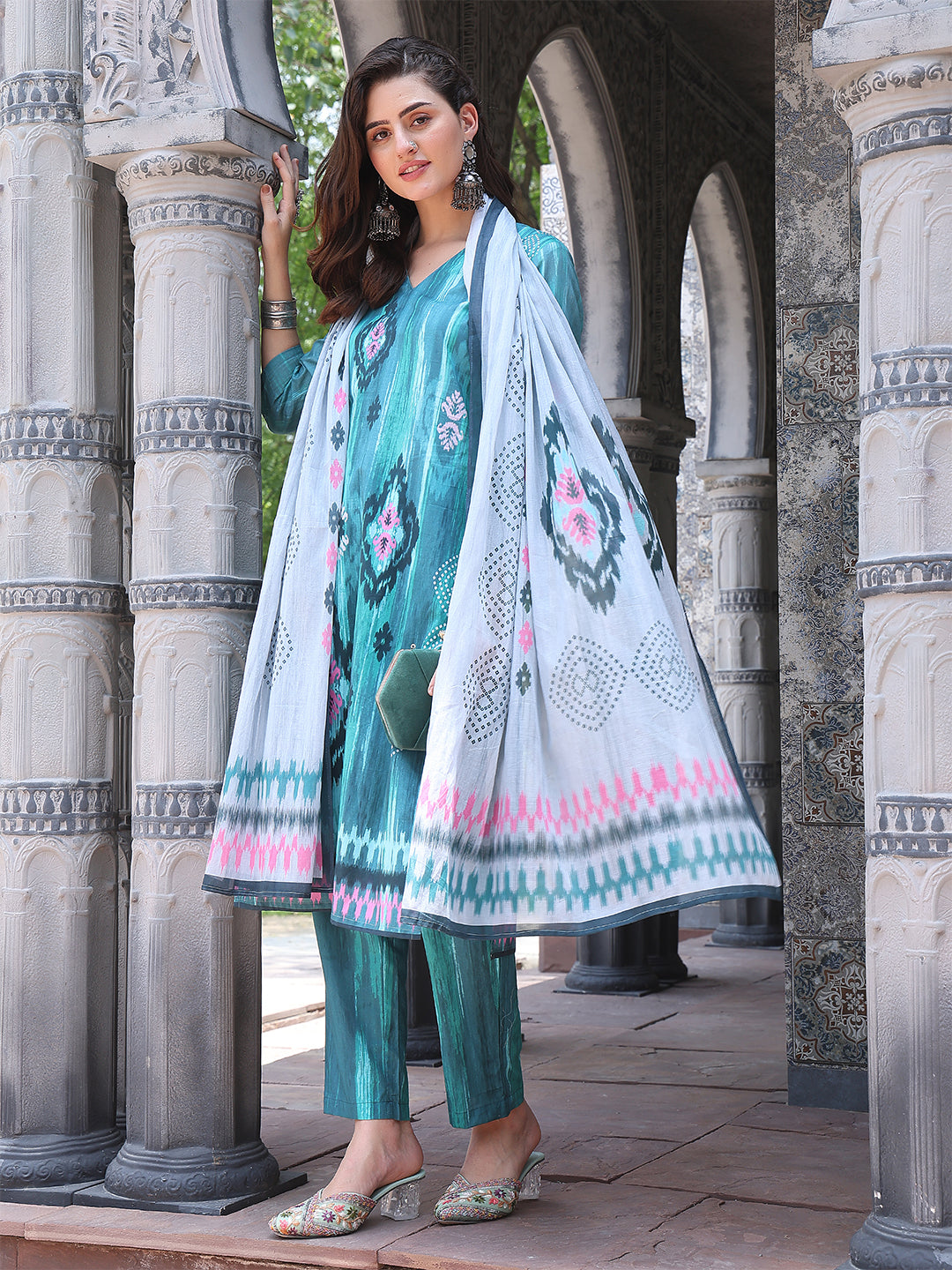 Azure Bloom – Teal Cotton Straight Suit Set
