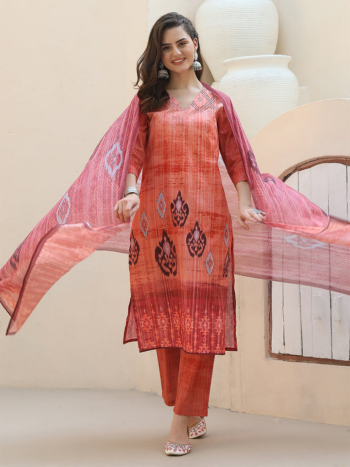 Sunset Radiance – Orange Cotton Straight Suit Set