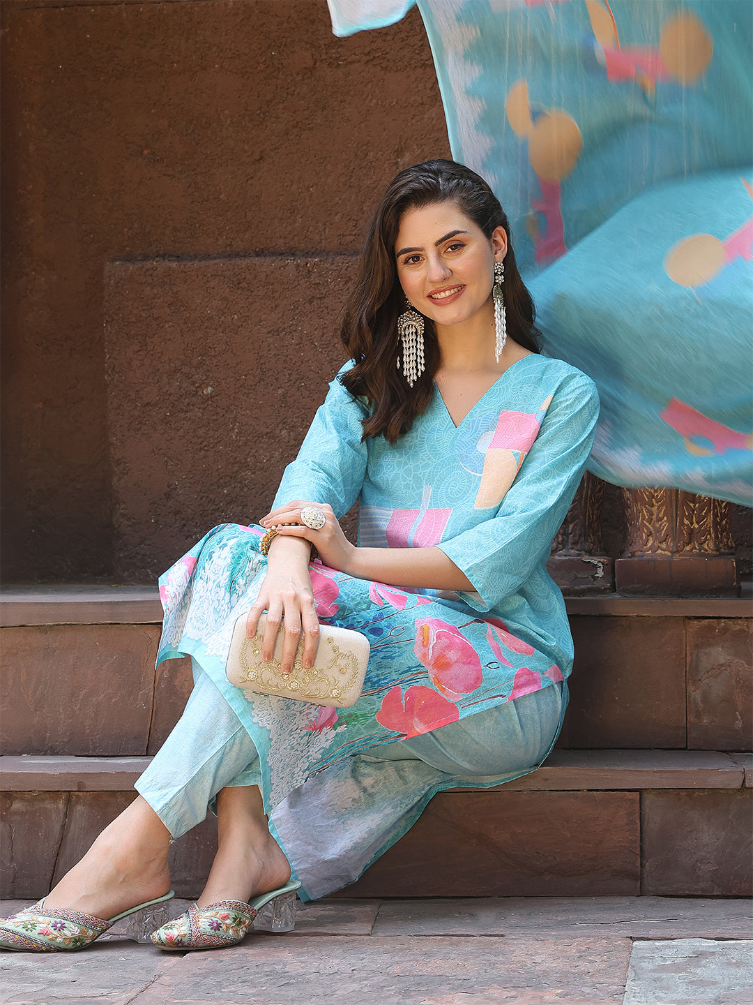 Aqua Blossom Straight Suit Set
