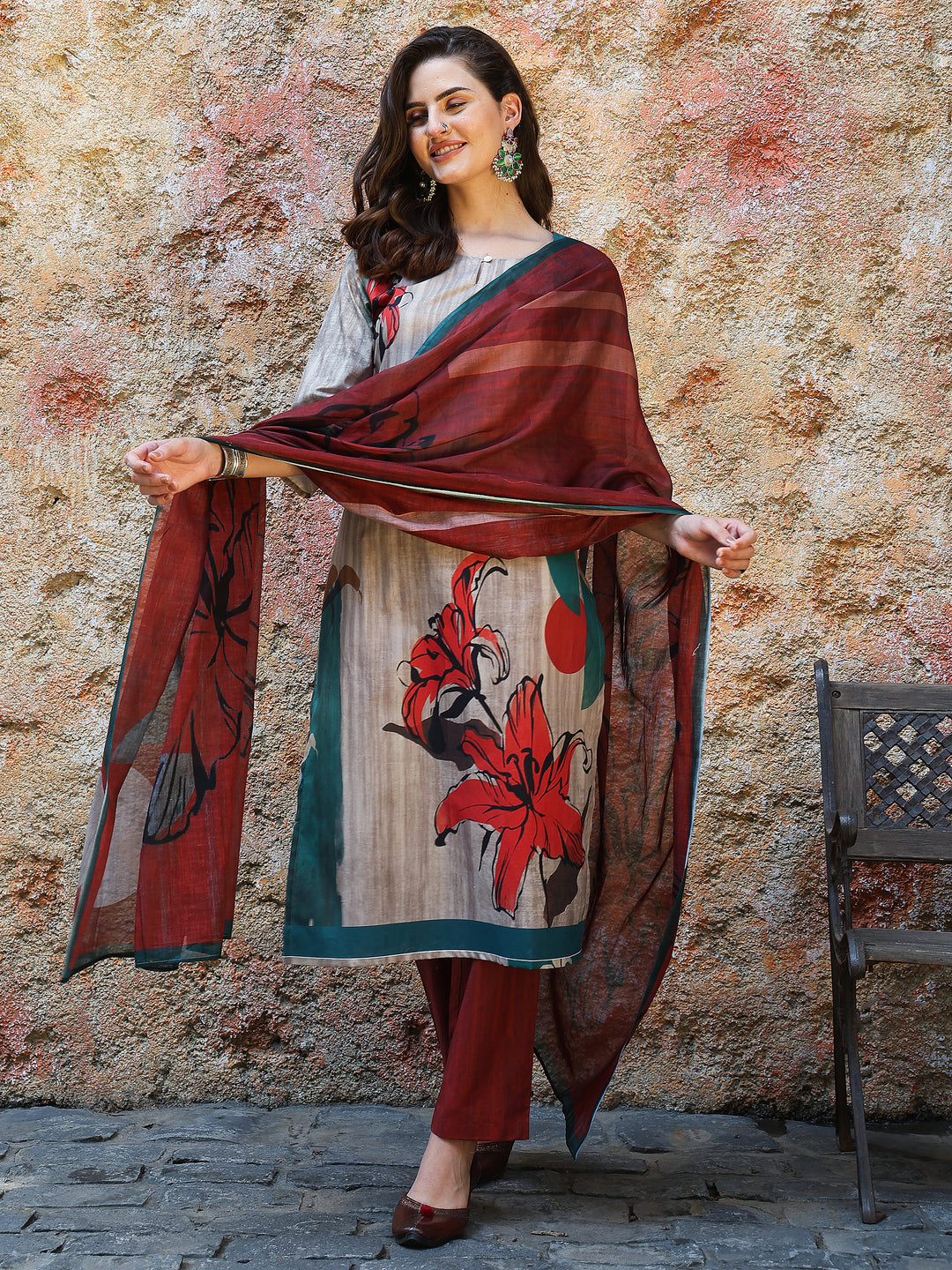 Flame Bloom – Grey & Rust Cotton Suit Set
