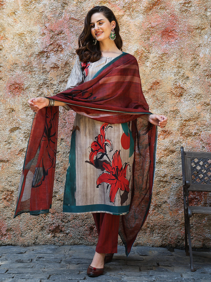 Flame Bloom – Grey & Rust Cotton Suit Set