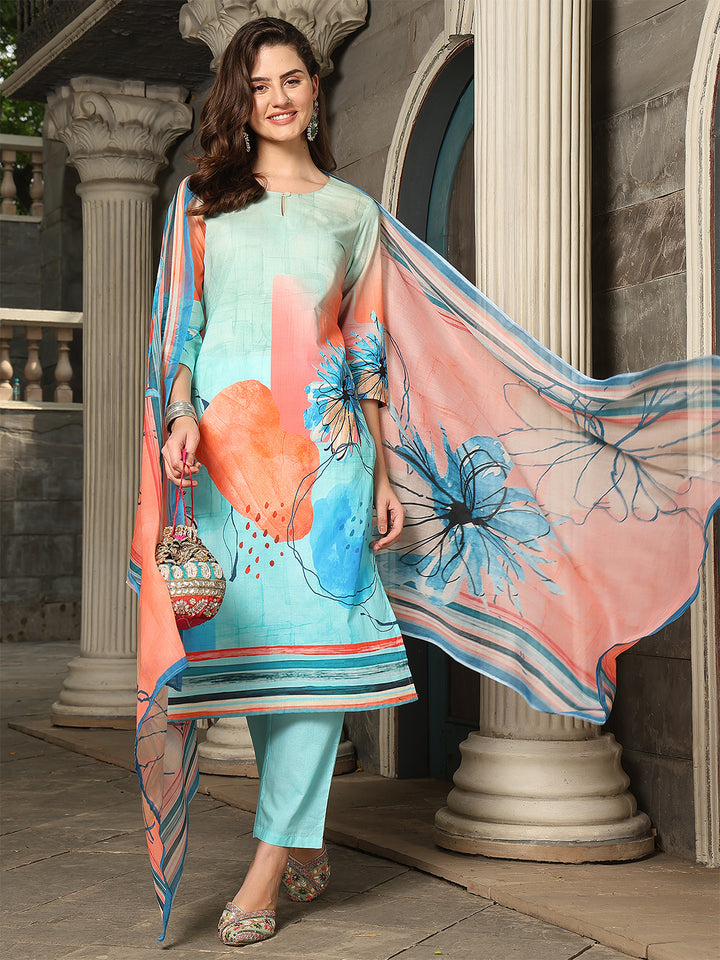 Aqua Coral Bloom – Pure Cotton Digital Print Suit Set