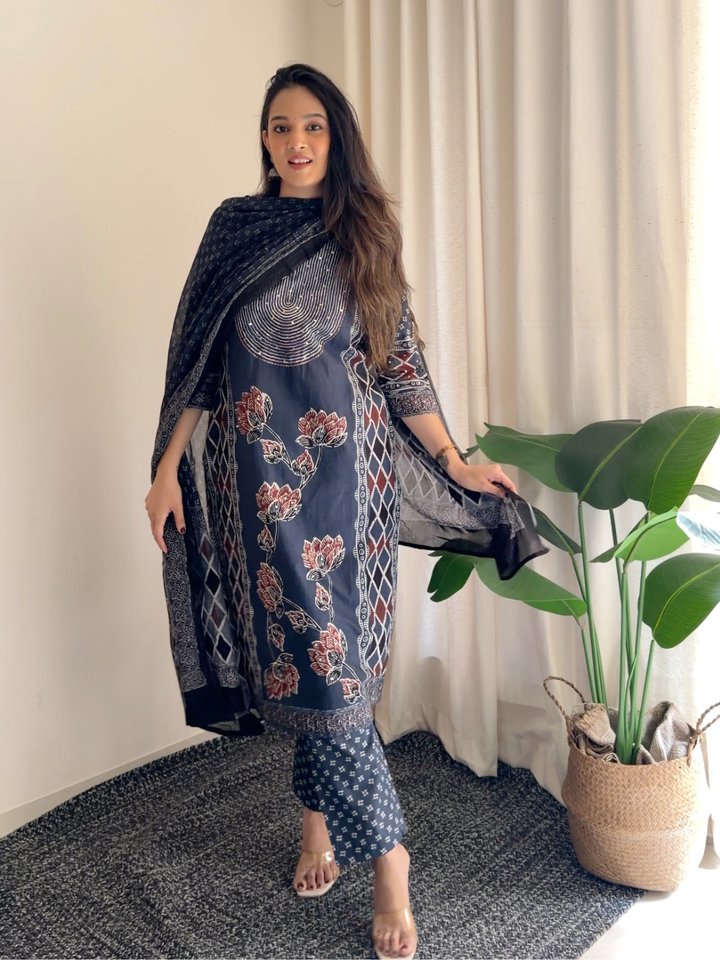 Neel Kamal | Indigo Ajrakh Cotton Suit Set
