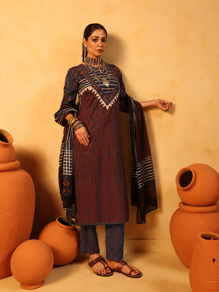 Suhani | Midnight Blue Ajrakh Cotton Suit Set