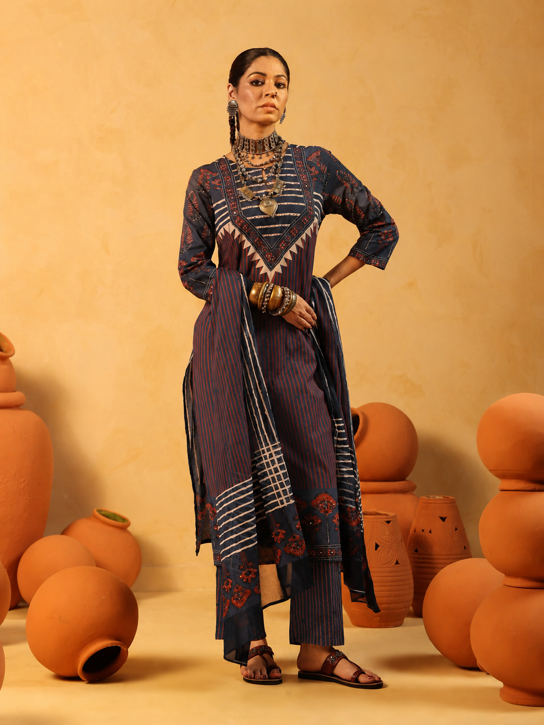 Suhani | Midnight Blue Ajrakh Cotton Suit Set