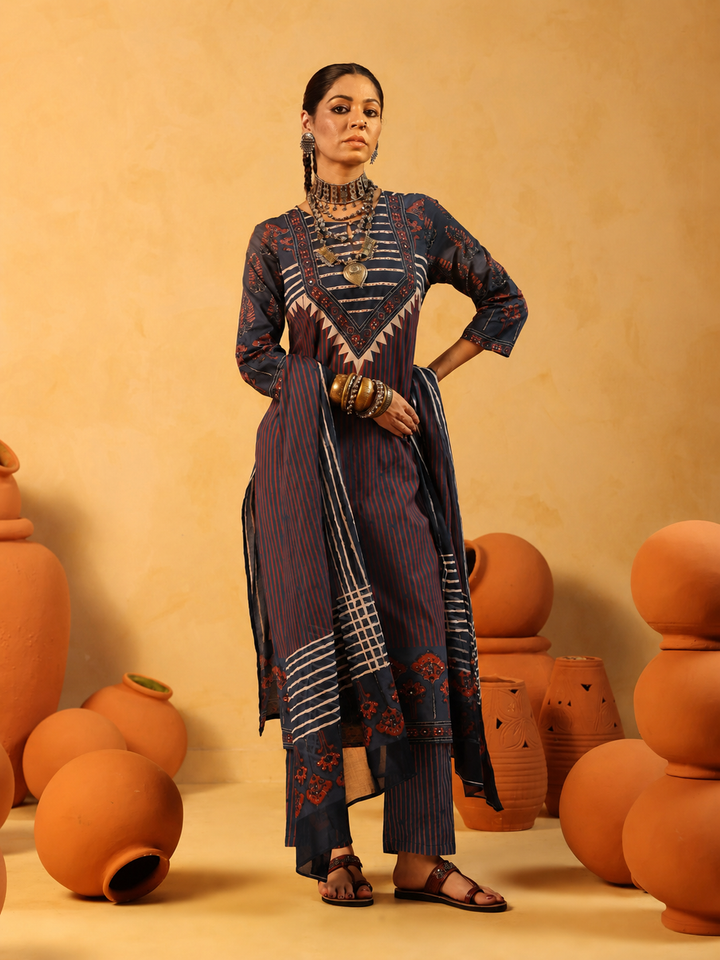 Suhani | Midnight Blue Ajrakh Cotton Suit Set