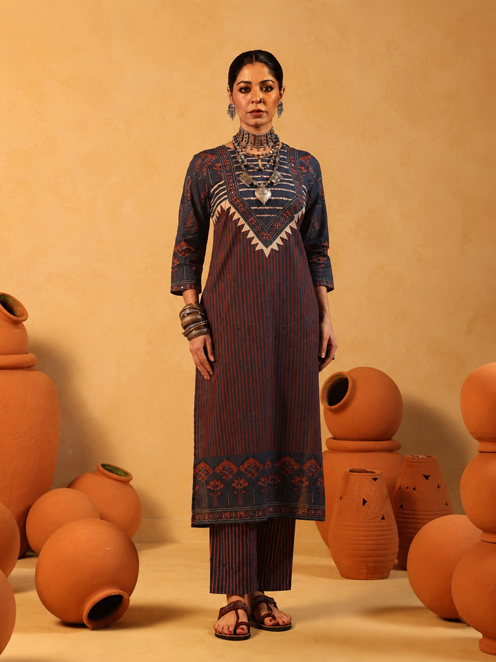 Suhani | Midnight Blue Ajrakh Cotton Suit Set