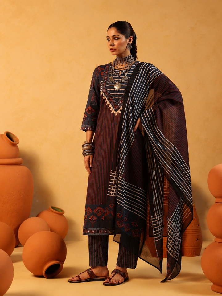 Suhani | Midnight Blue Ajrakh Cotton Suit Set
