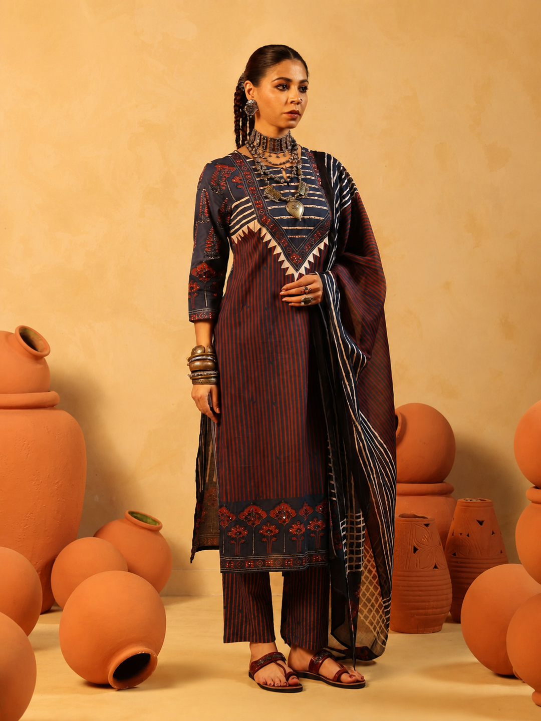 Suhani | Midnight Blue Ajrakh Cotton Suit Set