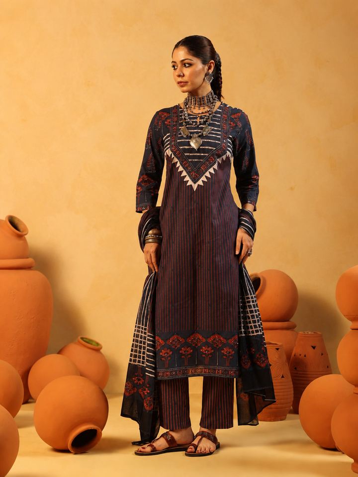 Suhani | Midnight Blue Ajrakh Cotton Suit Set