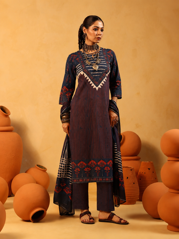 Suhani | Midnight Blue Ajrakh Cotton Suit Set