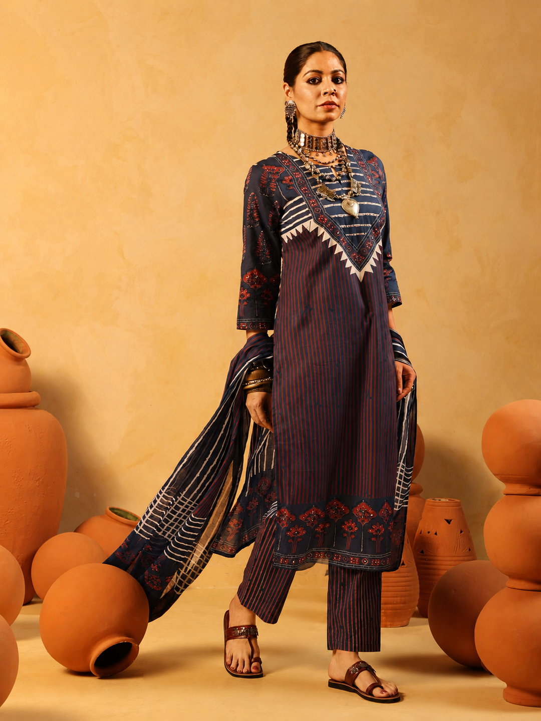 Suhani | Midnight Blue Ajrakh Cotton Suit Set