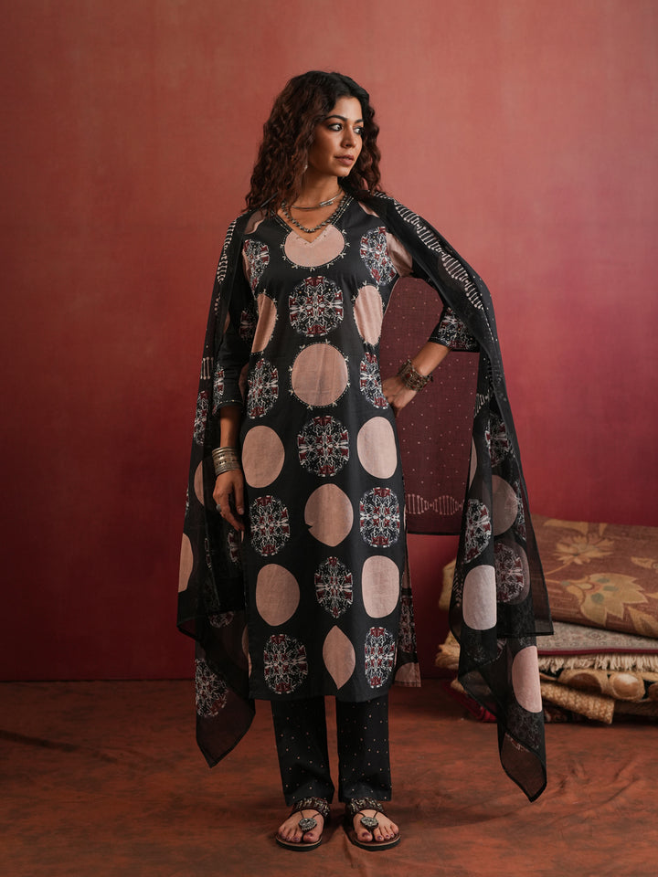 Chandrika Polka | Black Ajrakh Cotton Suit Set