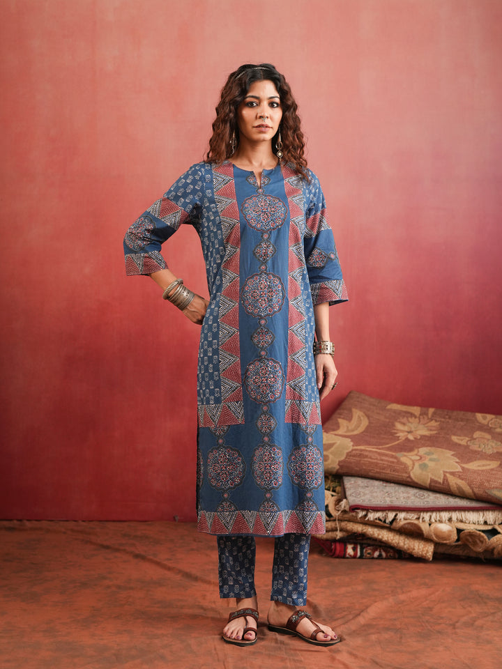 Surmai Mandala | Indigo Ajrakh Cotton Suit Set