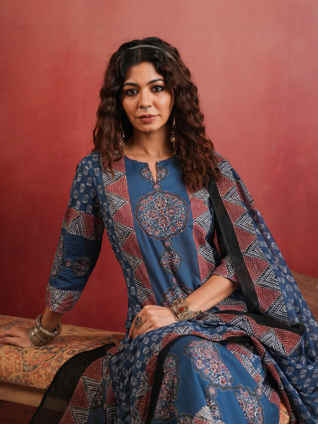 Surmai Mandala | Indigo Ajrakh Cotton Suit Set