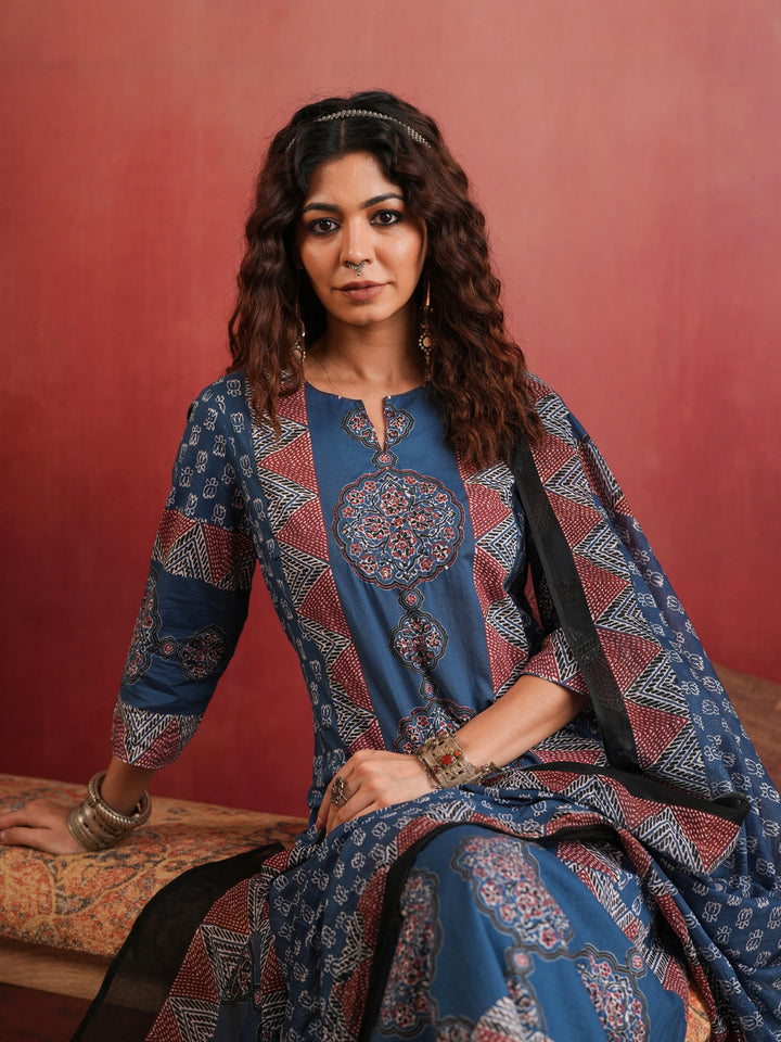 Surmai Mandala | Indigo Ajrakh Cotton Suit Set