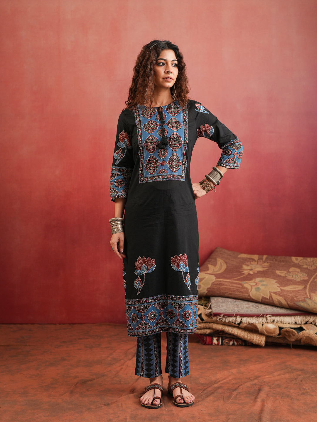 Indira Lotus | Black Ajrakh Cotton Suit Set