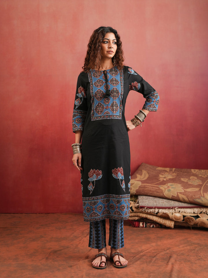 Indira Lotus | Black Ajrakh Cotton Suit Set