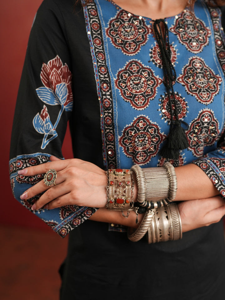 Indira Lotus | Black Ajrakh Cotton Suit Set
