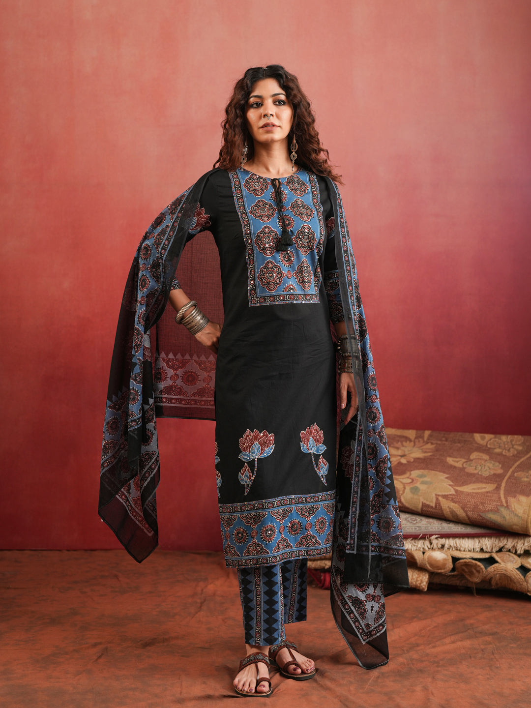 Indira Lotus | Black Ajrakh Cotton Suit Set