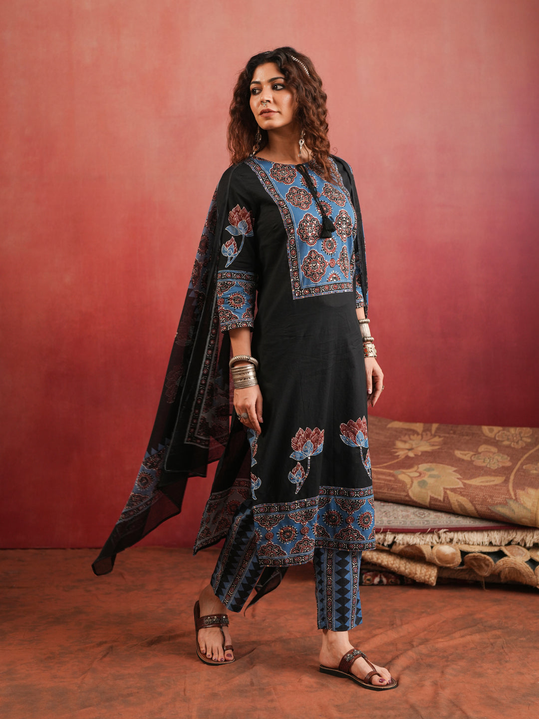 Indira Lotus | Black Ajrakh Cotton Suit Set