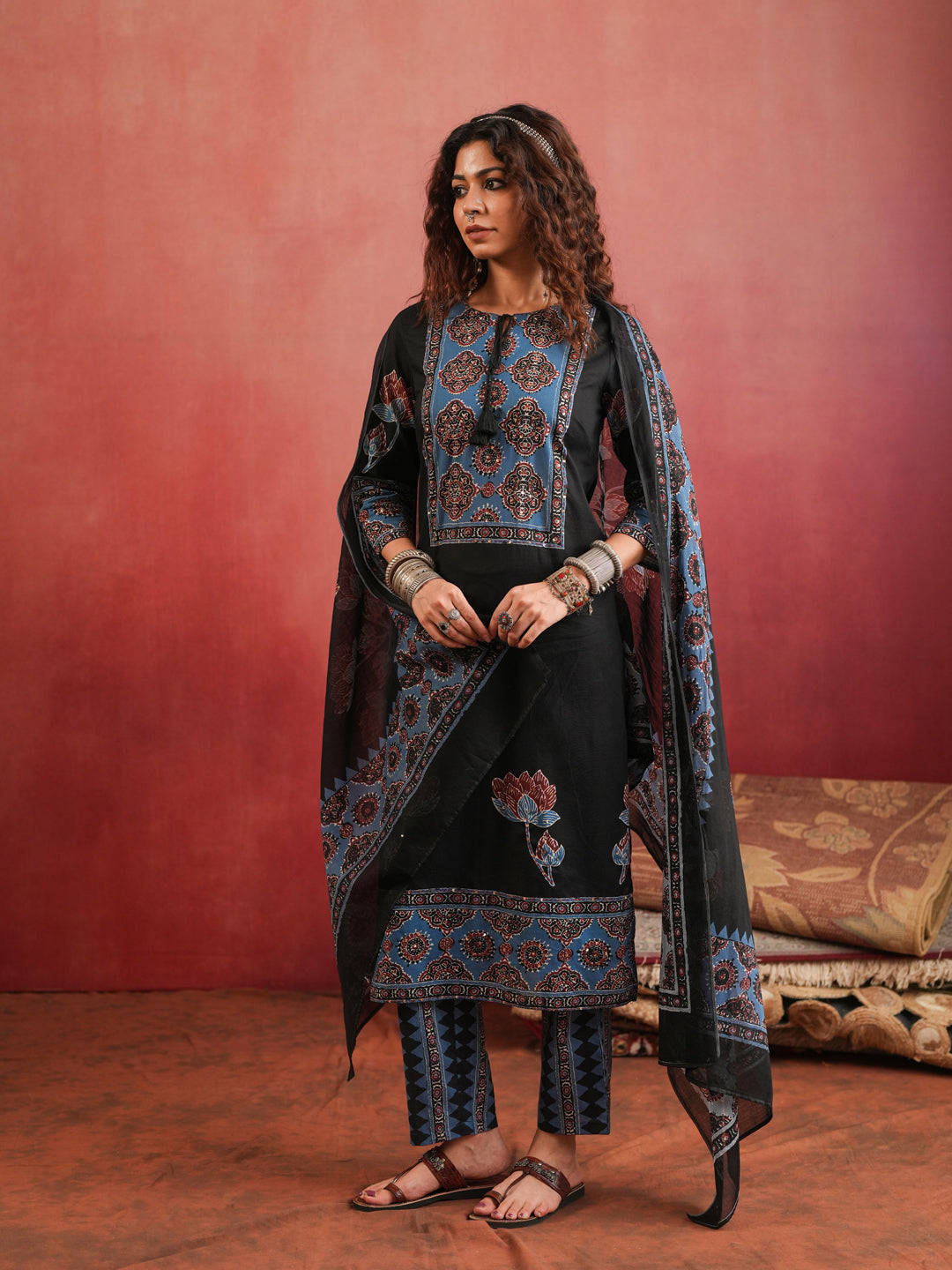 Indira Lotus | Black Ajrakh Cotton Suit Set