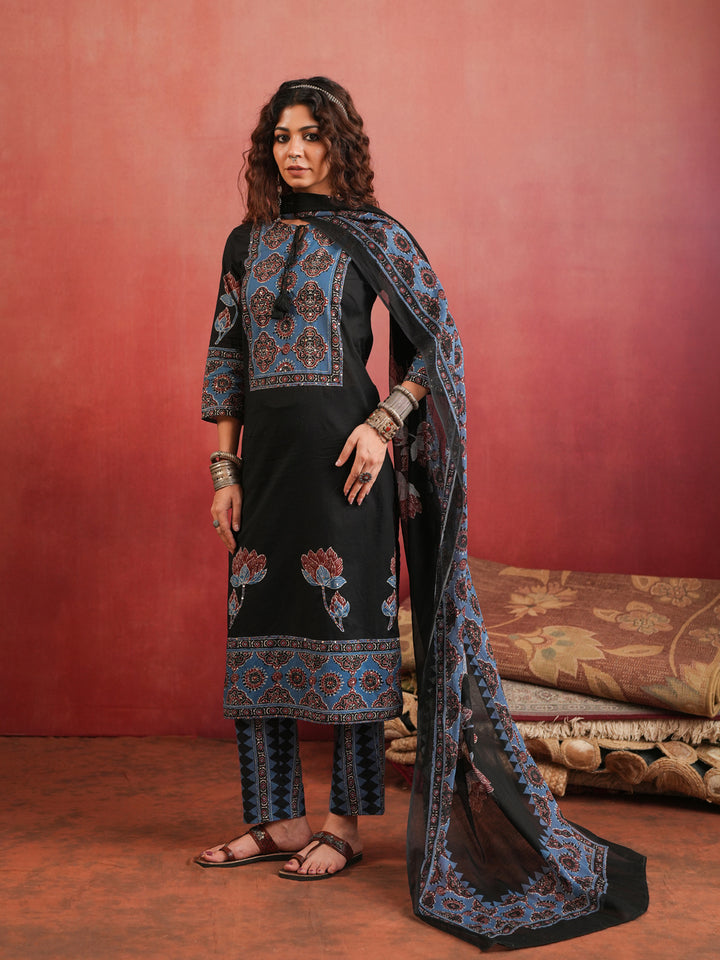 Indira Lotus | Black Ajrakh Cotton Suit Set
