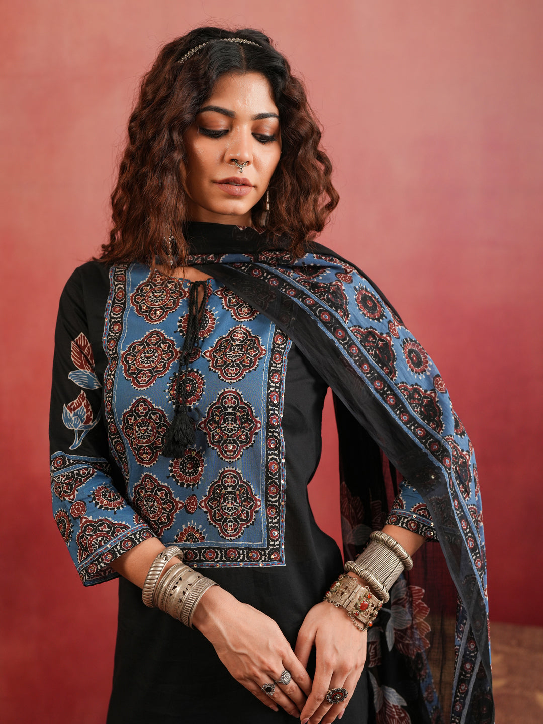 Indira Lotus | Black Ajrakh Cotton Suit Set