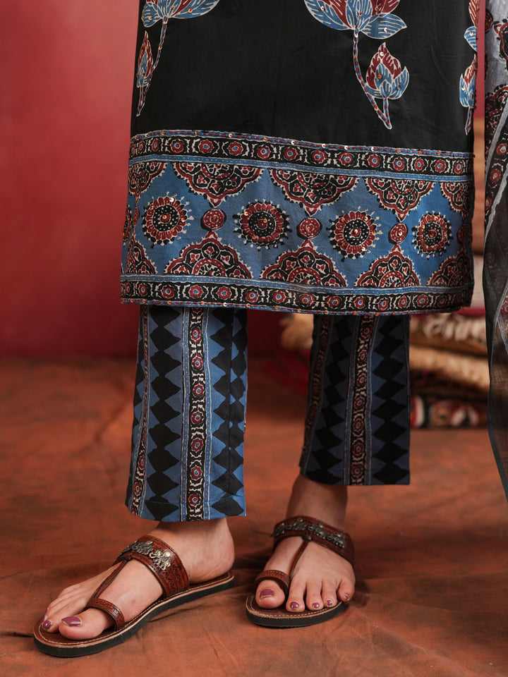 Indira Lotus | Black Ajrakh Cotton Suit Set