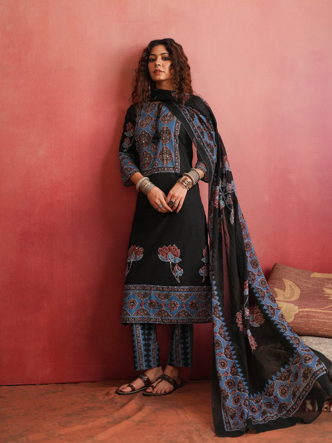 Indira Lotus | Black Ajrakh Cotton Suit Set
