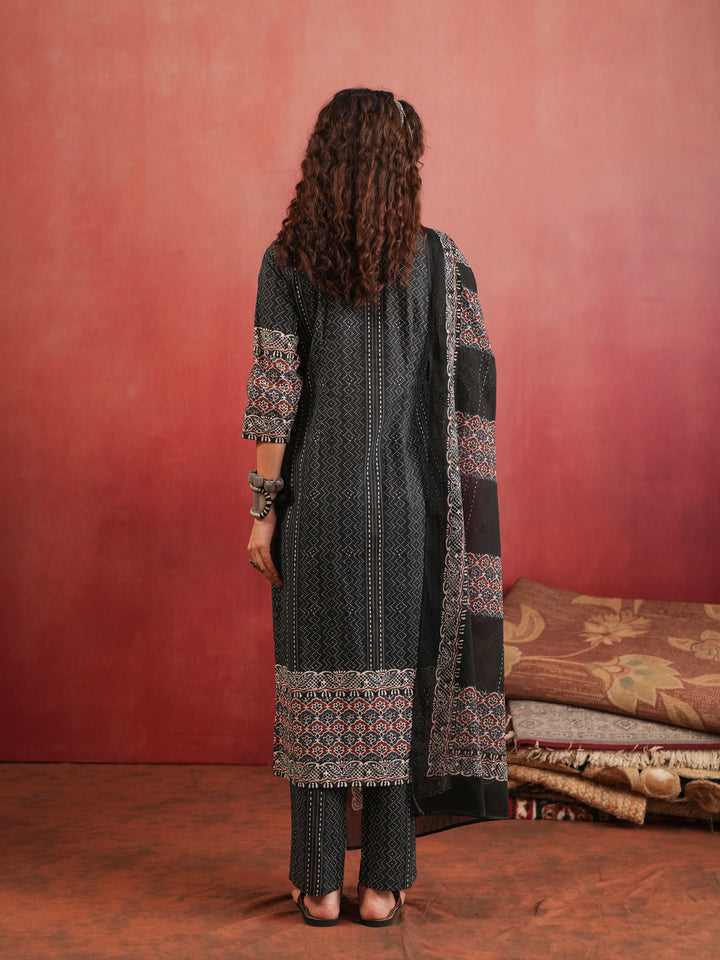 Khamir Phool | Black Ajrakh Cotton Suit Set