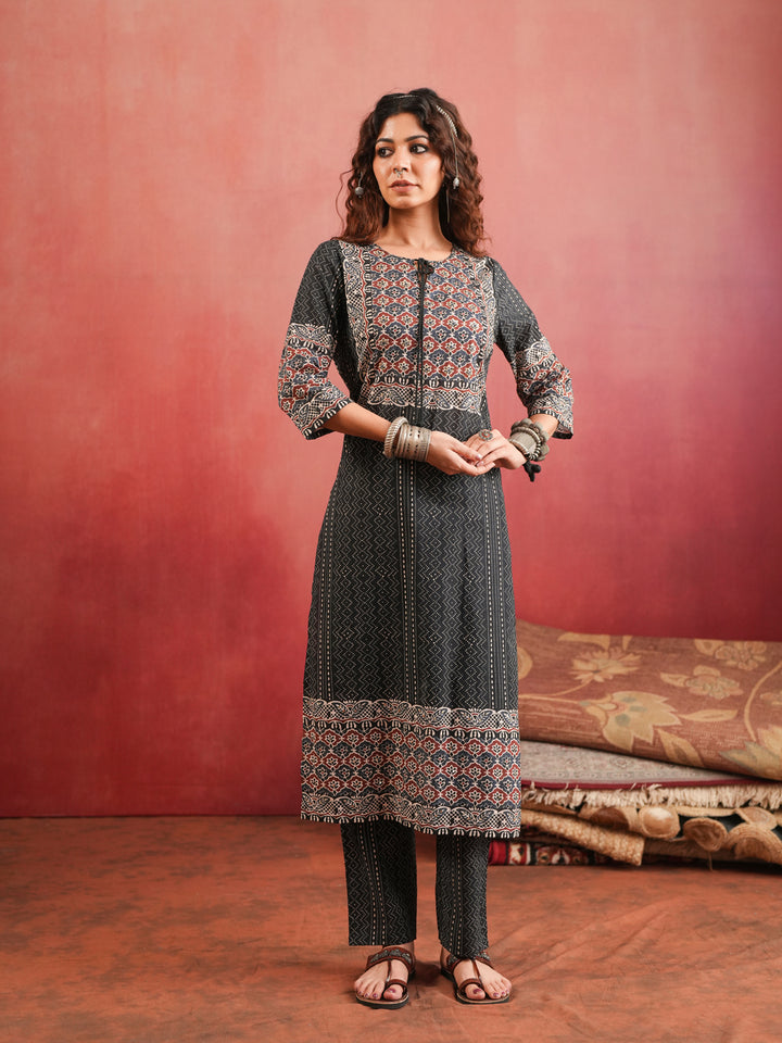 Khamir Phool | Black Ajrakh Cotton Suit Set