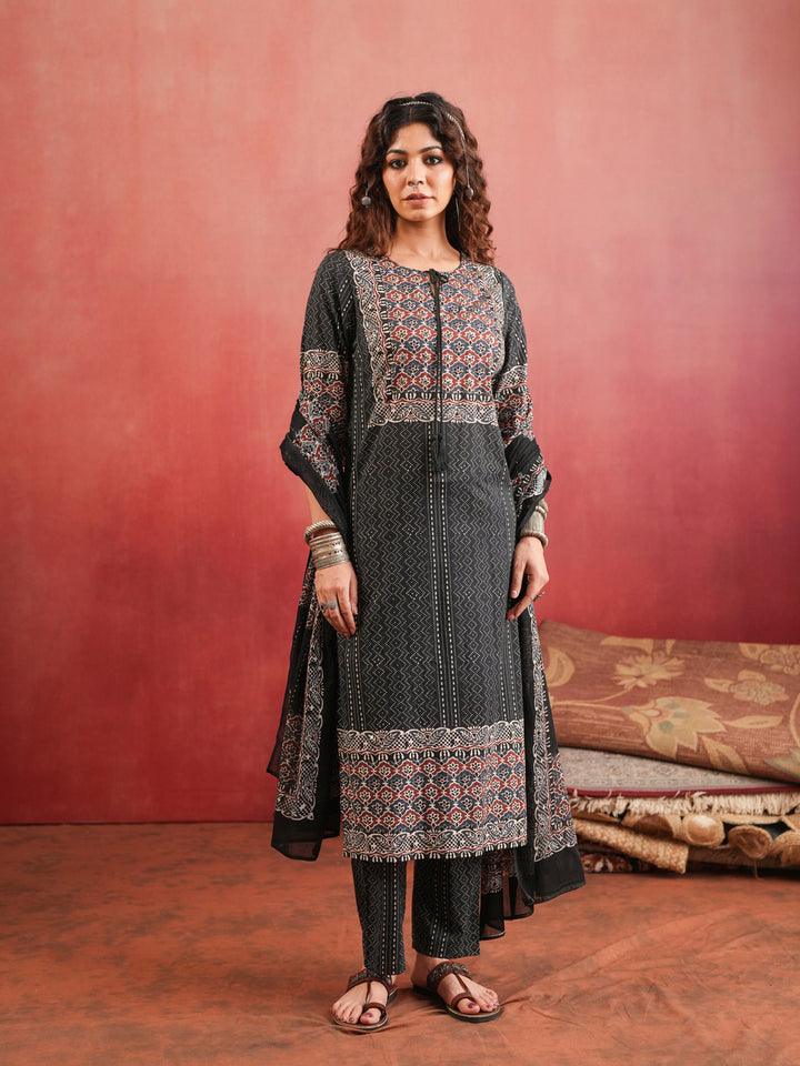 Khamir Phool | Black Ajrakh Cotton Suit Set