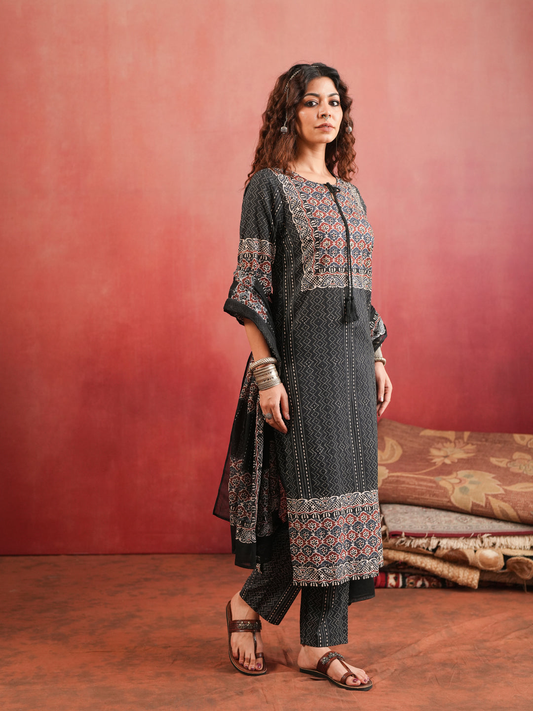 Khamir Phool | Black Ajrakh Cotton Suit Set