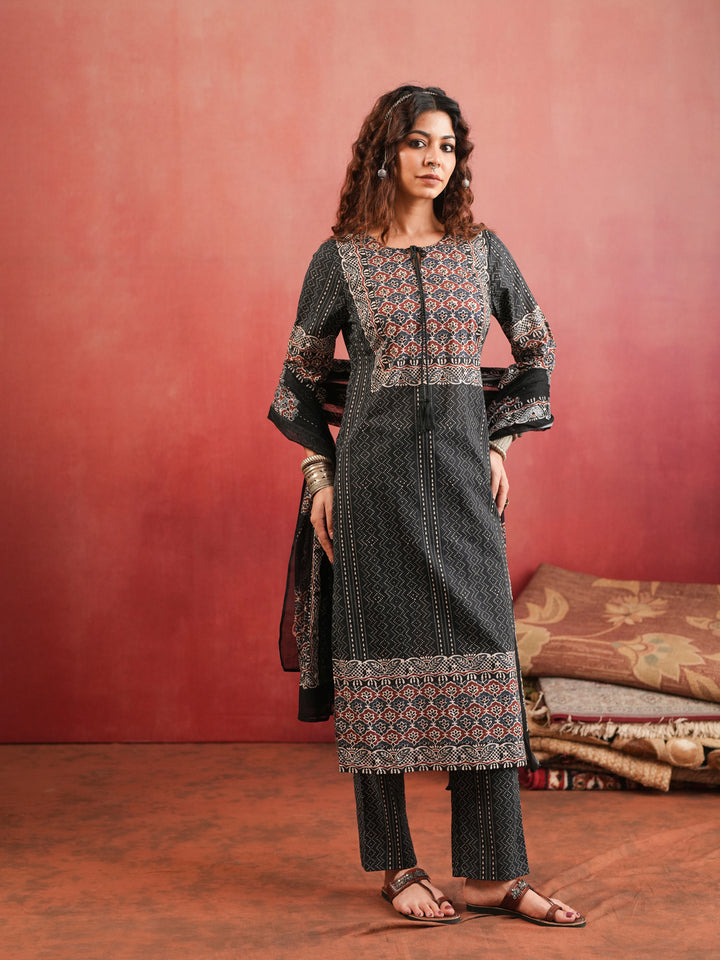 Khamir Phool | Black Ajrakh Cotton Suit Set