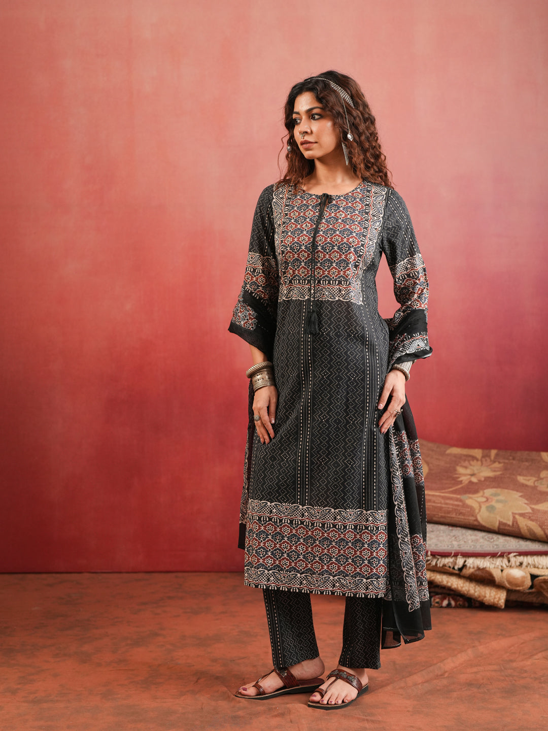 Khamir Phool | Black Ajrakh Cotton Suit Set