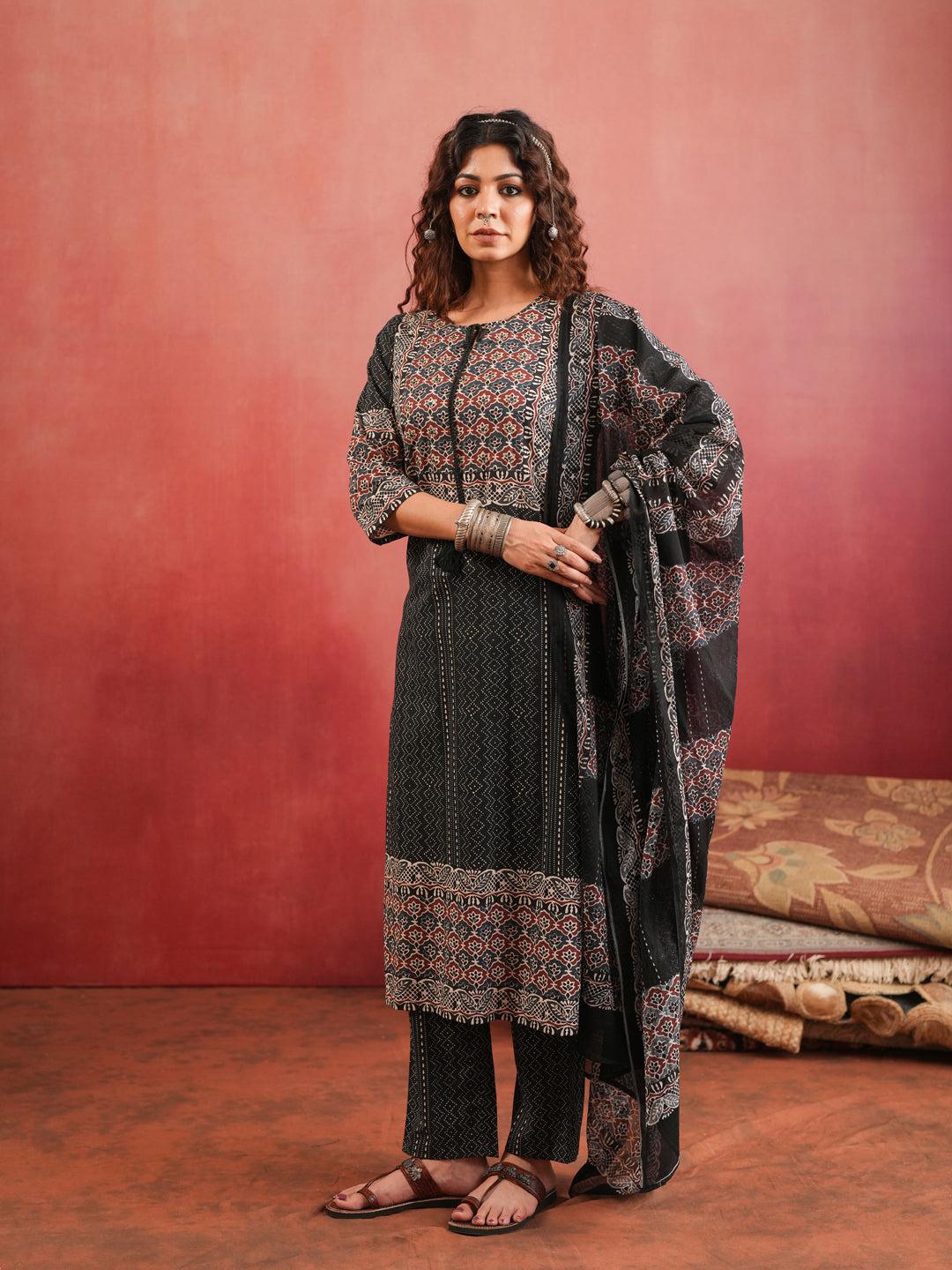 Khamir Phool | Black Ajrakh Cotton Suit Set