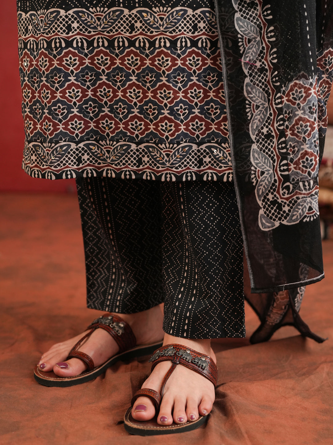 Khamir Phool | Black Ajrakh Cotton Suit Set