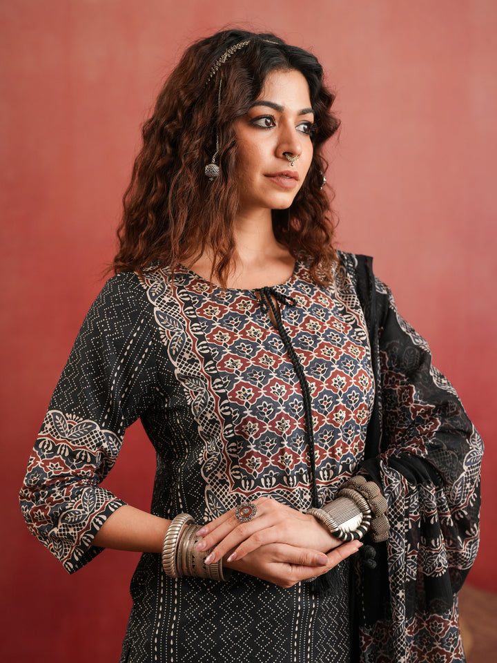 Khamir Phool | Black Ajrakh Cotton Suit Set