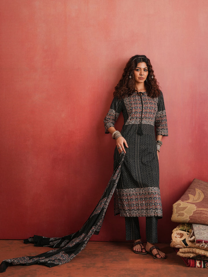 Khamir Phool | Black Ajrakh Cotton Suit Set