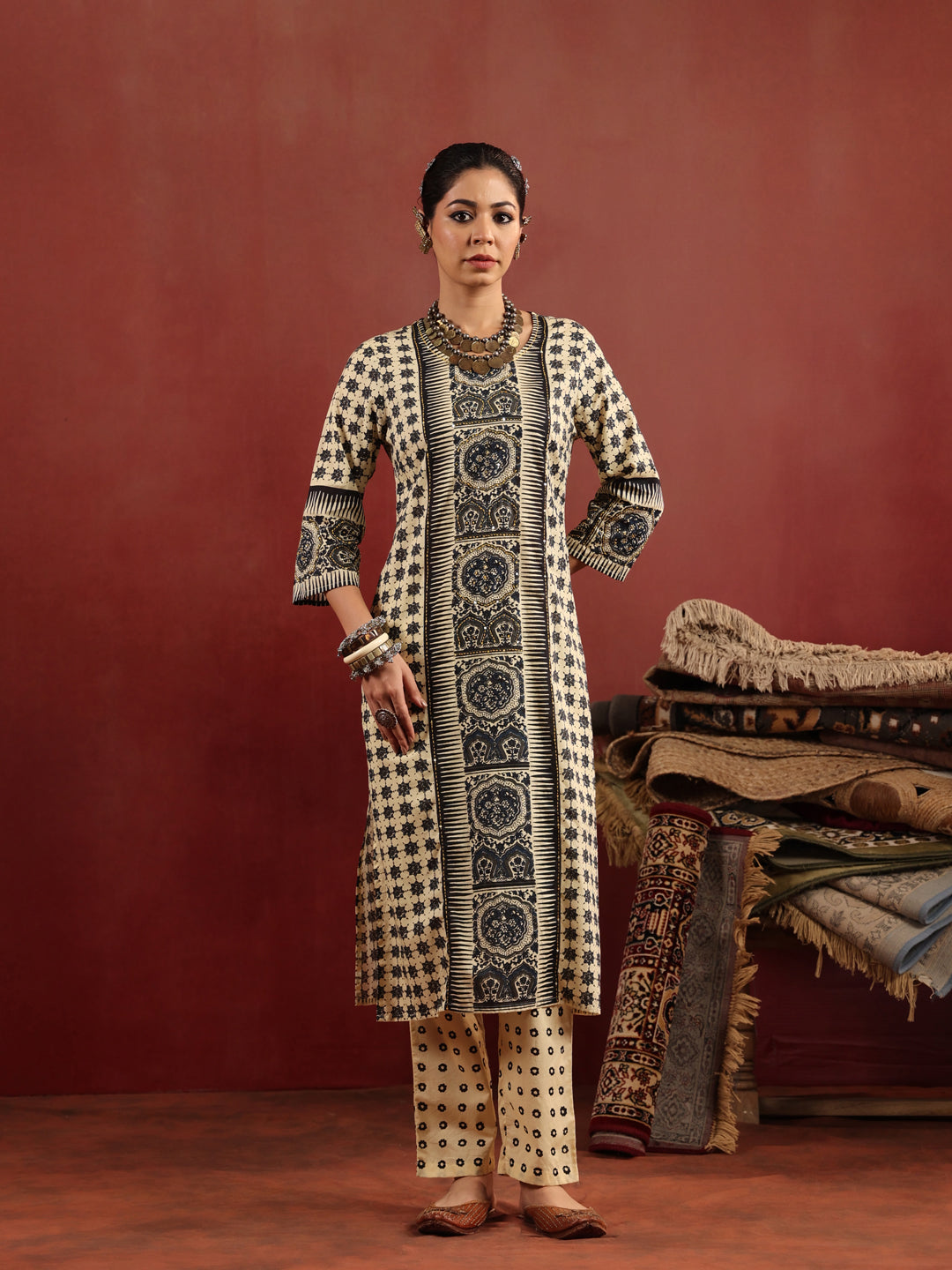 Chauras | Ivory Ajrakh Cotton Suit Set